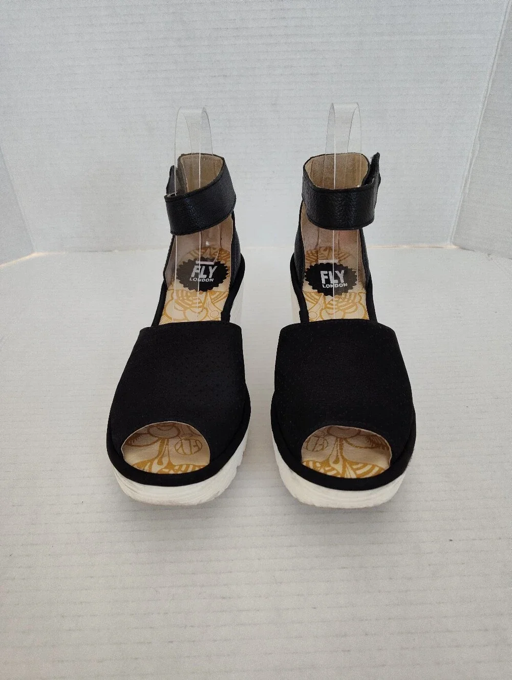 Fly London Yake Black Perforated Leather Ankle Strap Wedge Sandals sz 37 6-6.5
